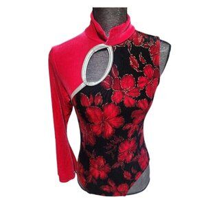 Velvet Floral Leotard Dance Costume Red Black Size Small Adult One Sleeve Ballet